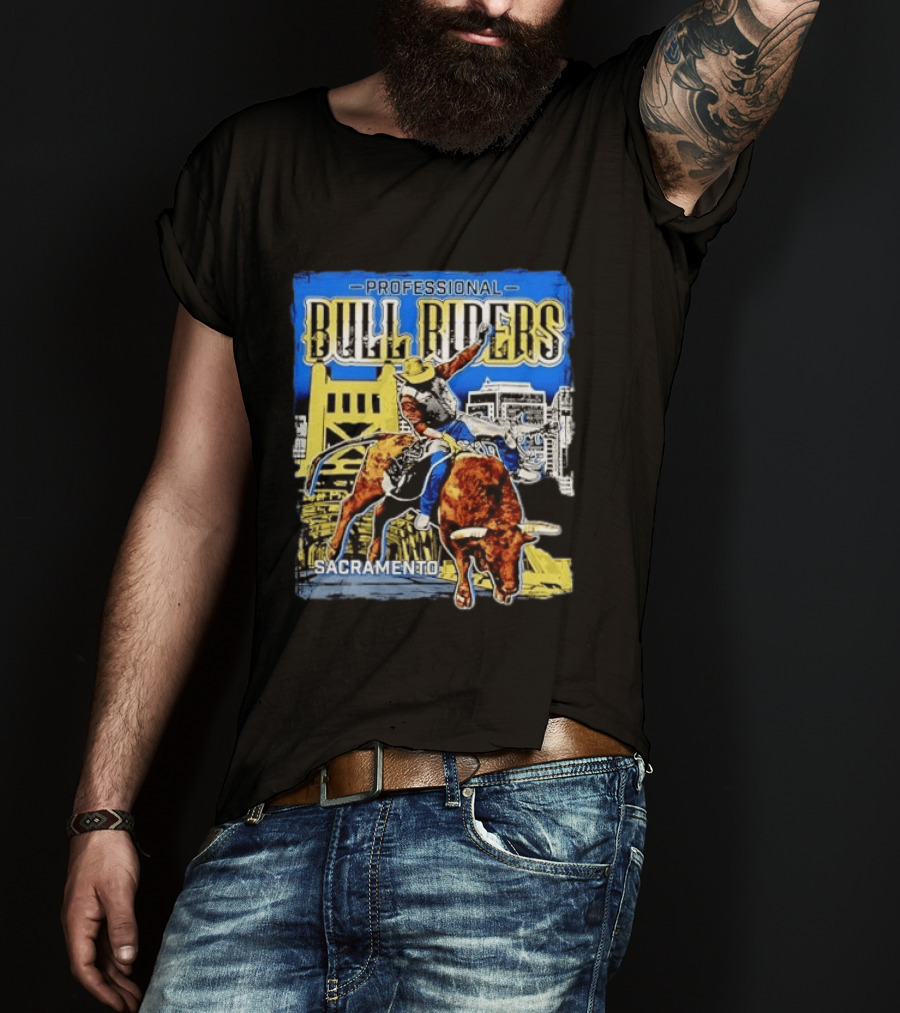 Professional Bull Riders Sacramento Cowboy Riding Bull Cityscape T-Shirt