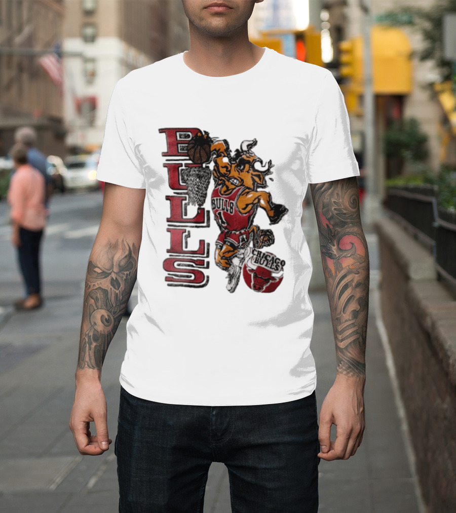Chicago Bulls Bull Dunking Basketball Hoop NBA Cartoon Caricature T-Shirt