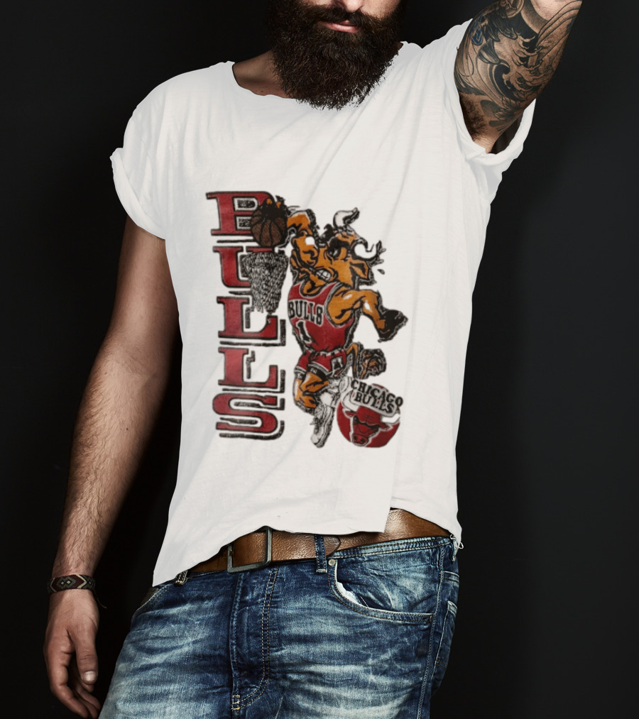 Chicago Bulls Bull Dunking Basketball Hoop NBA Cartoon Caricature T-Shirt