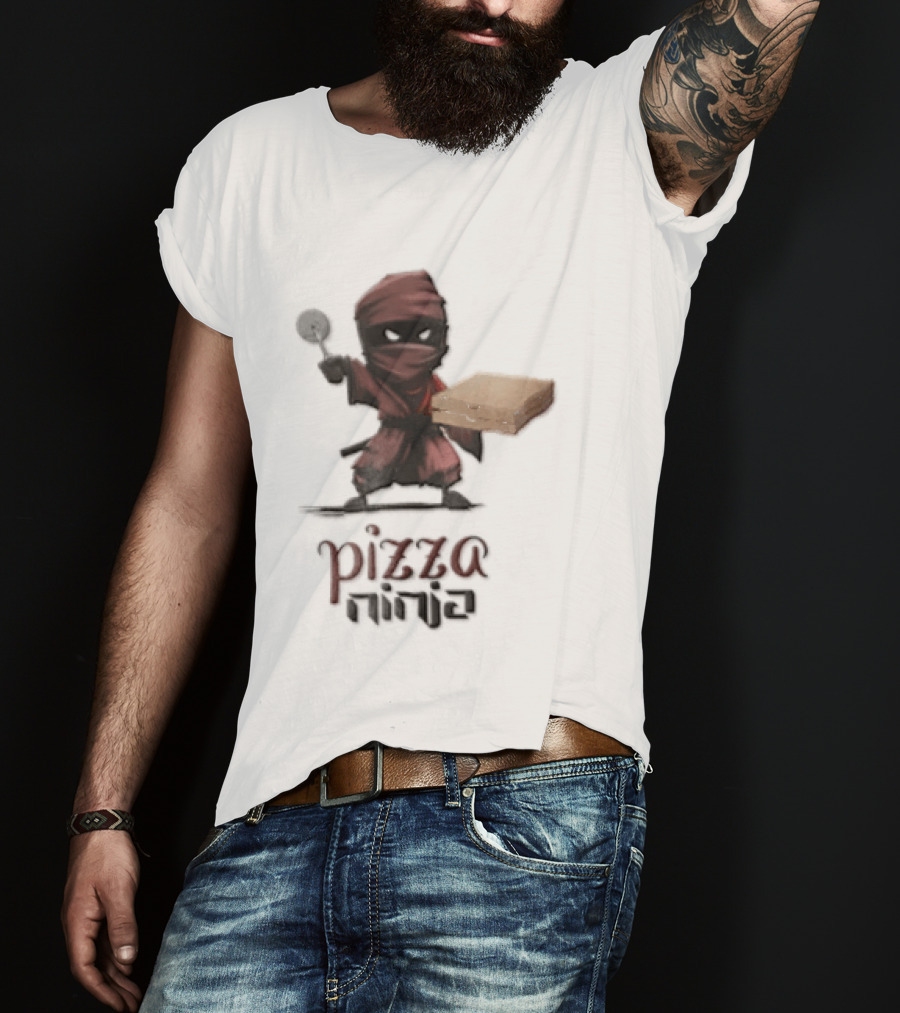 Pizza Ninja Red Masked Cartoon Figure Holding Cardboard Box T-Shirt
