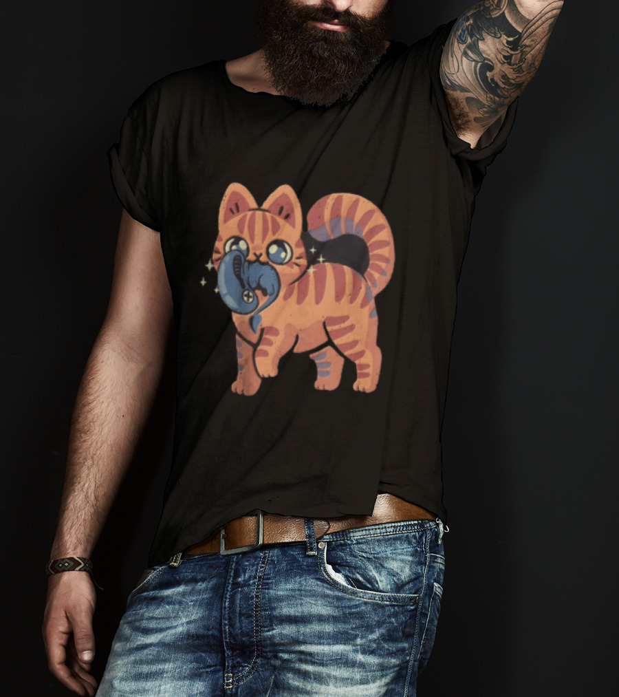 Alien Cat Meets Cartoon Striped Cosmic Creature T-Shirt