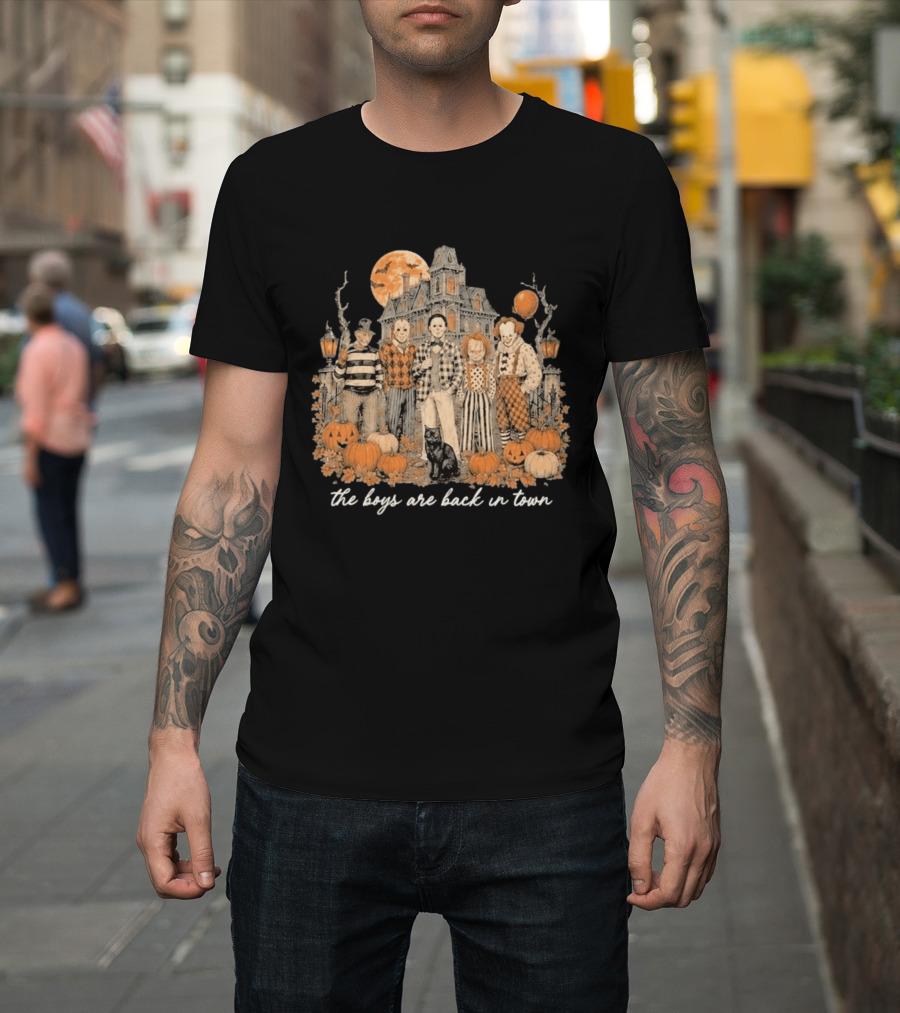 Halloween Horror Characters The Boys Are Back In Town Haunted House Pumpkin Patch T-Shirt