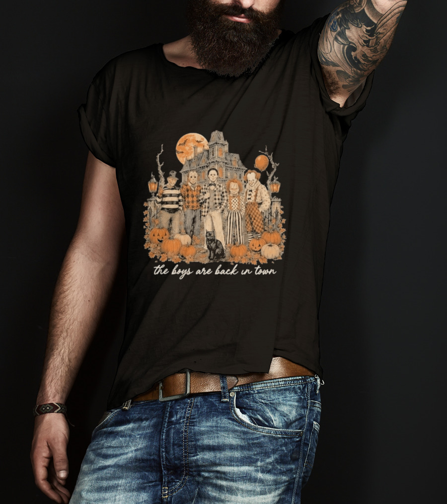 Halloween Horror Characters The Boys Are Back In Town Haunted House Pumpkin Patch T-Shirt