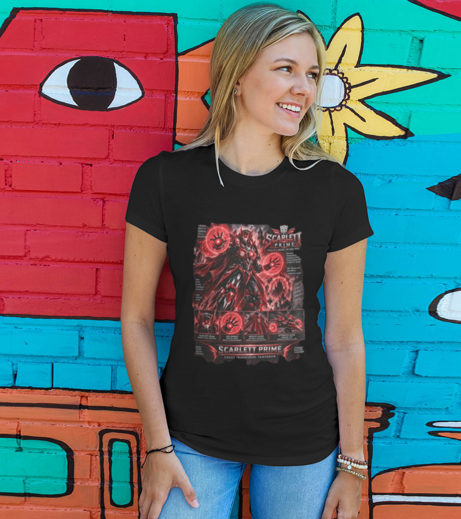 Scarlett Prime Reality Bends Red Mecha Chaos Transforms Tomorrow Jet Hex Magic T-Shirt