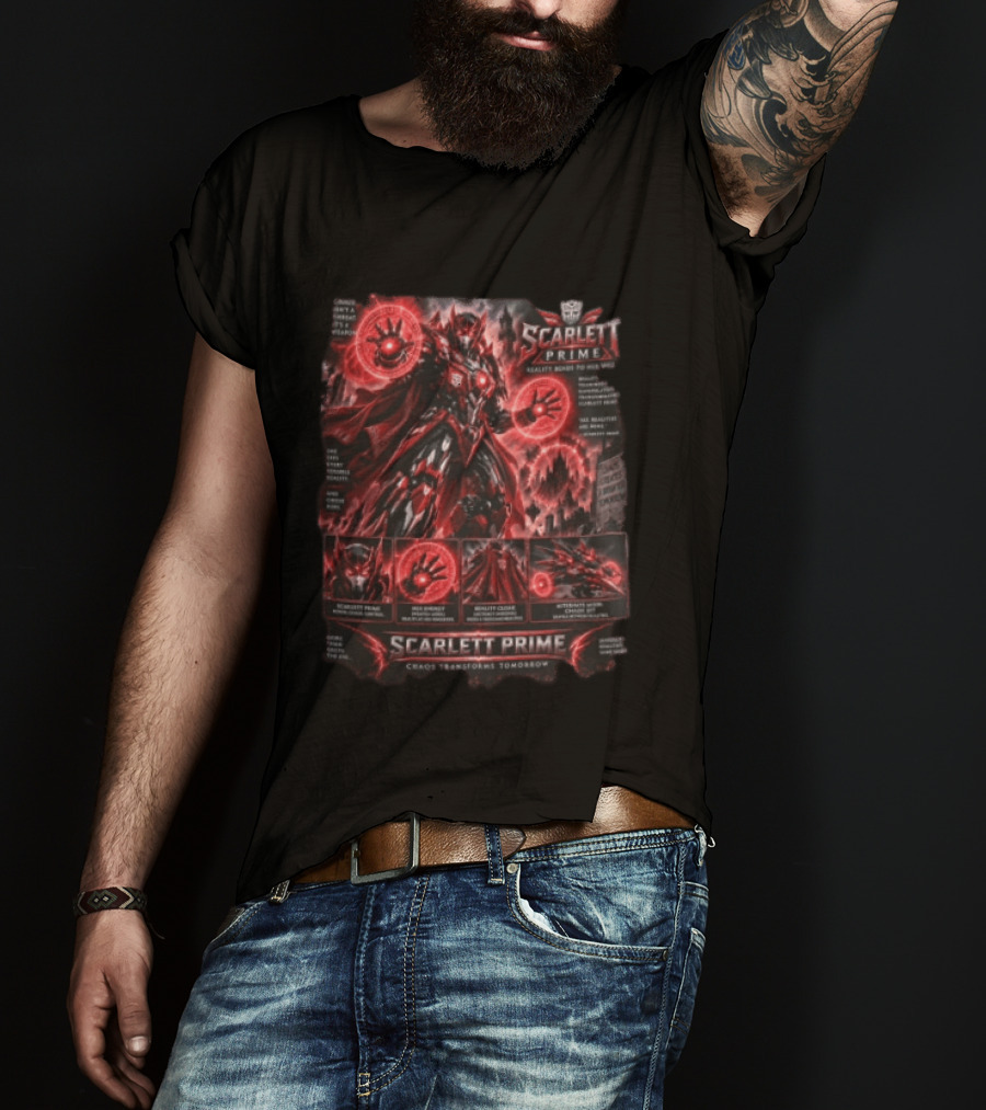 Scarlett Prime Reality Bends Red Mecha Chaos Transforms Tomorrow Jet Hex Magic T-Shirt