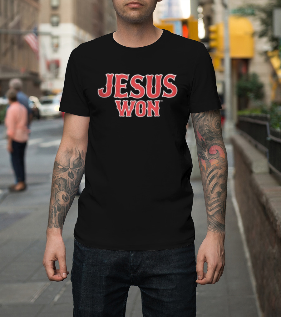 Boston Red Sox MLB Jesus Won Block Lettering Navy White T-Shirt
