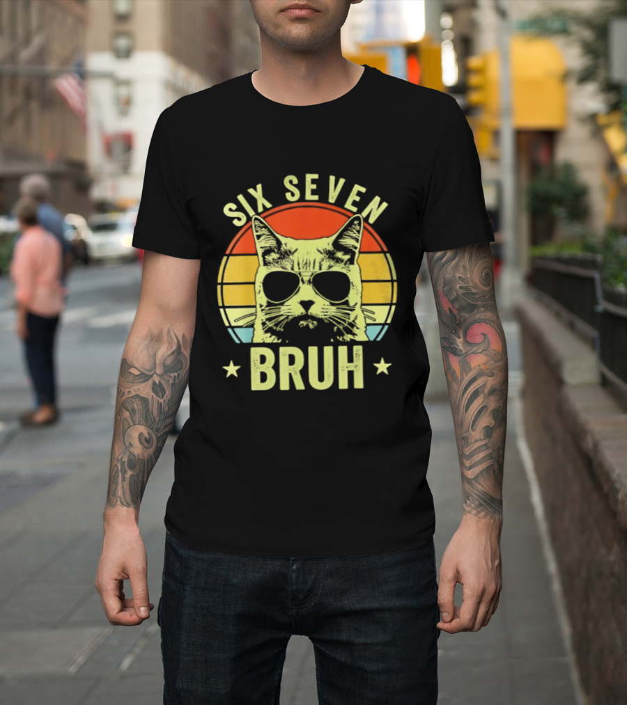 Six Seven Bruh Retro Cat Sunset T-Shirt