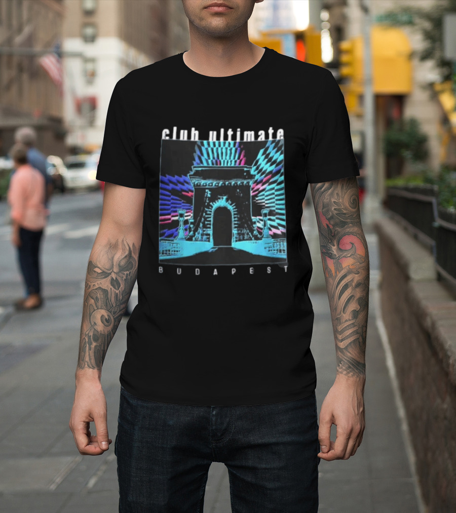 Club Ultimate Budapest Szechenyi Chain Bridge Neon Checkerboard Arch T-Shirt