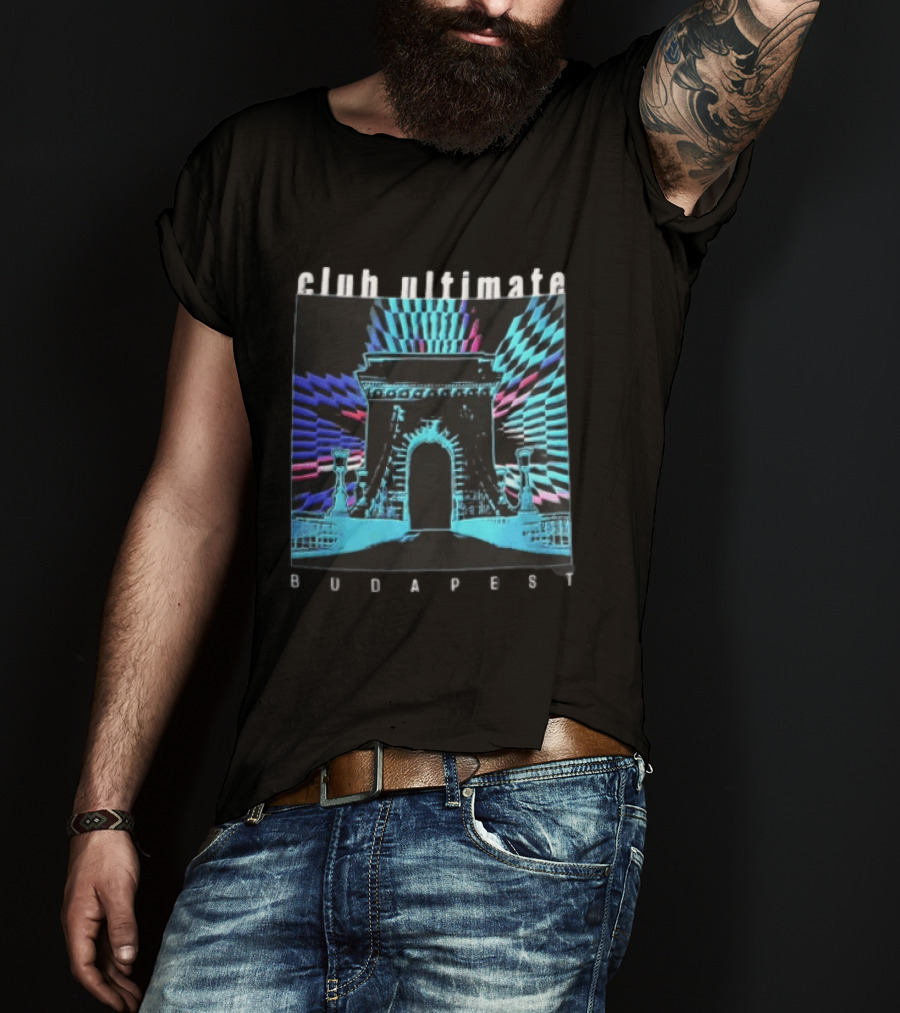 Club Ultimate Budapest Szechenyi Chain Bridge Neon Checkerboard Arch T-Shirt
