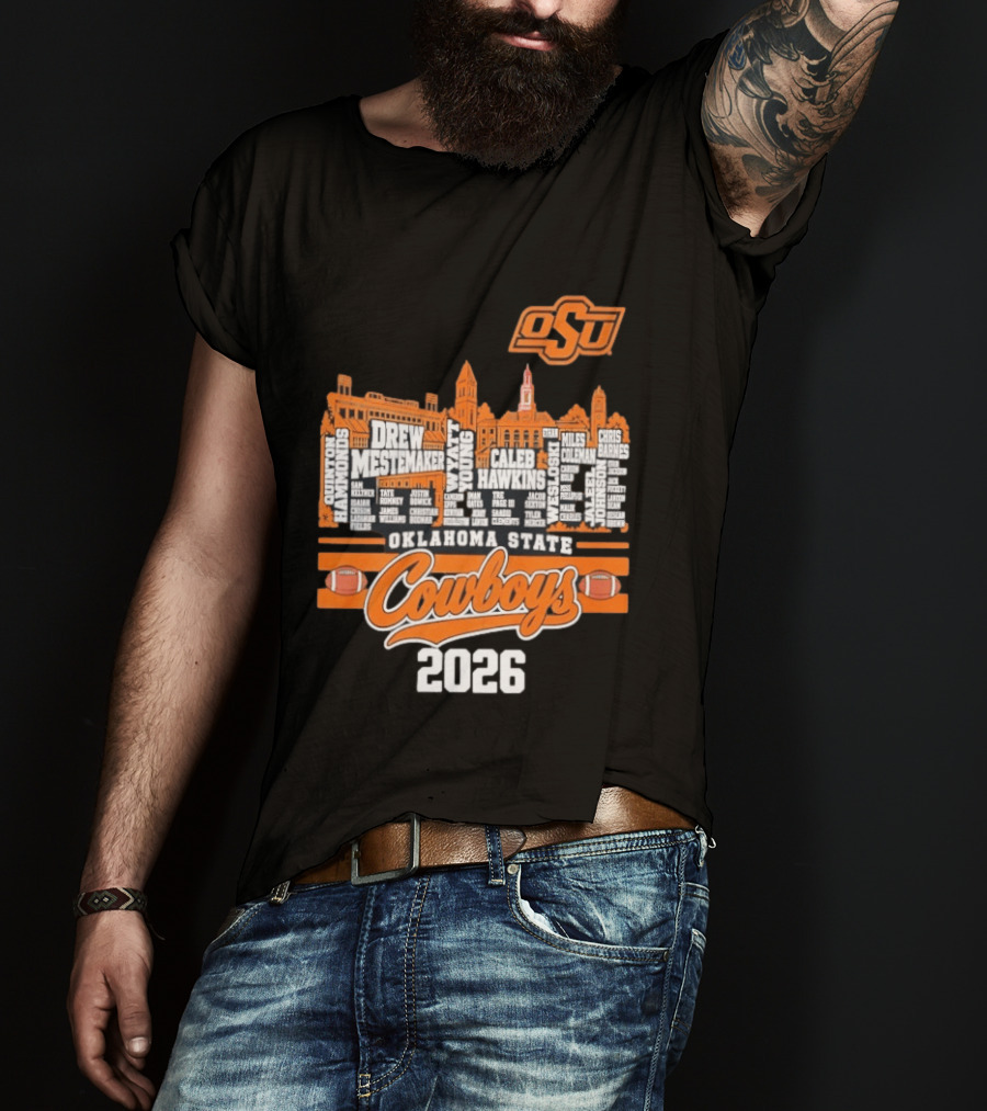Oklahoma State Cowboys 2026 Player Names Skyline OSU Football T-Shirt