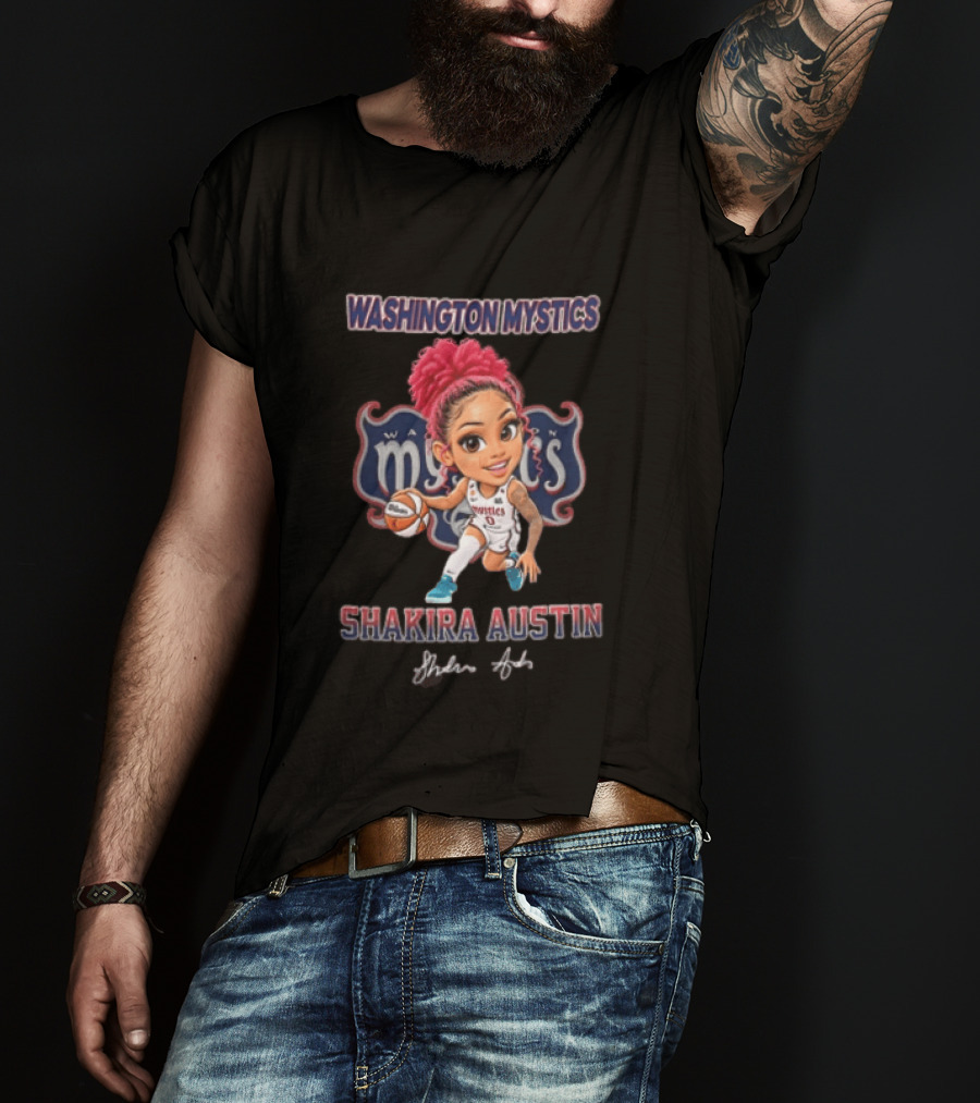 Shakira Austin Washington Mystics Pink Hair Cartoon Caricature Dribbling Basketball T-Shirt