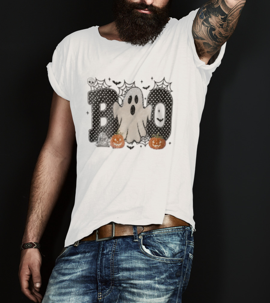 Boo Distressed Ghost Jack O Lanterns Polka Dots Cobwebs T-Shirt