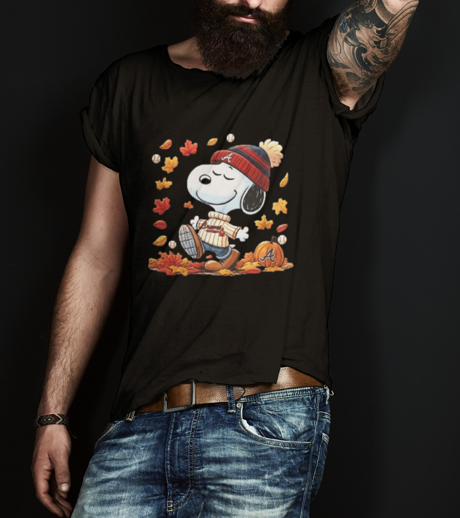 Atlanta Braves Snoopy Walking In Autumn Leaves With Pumpkin Baseballs Cartoon T-Shirt