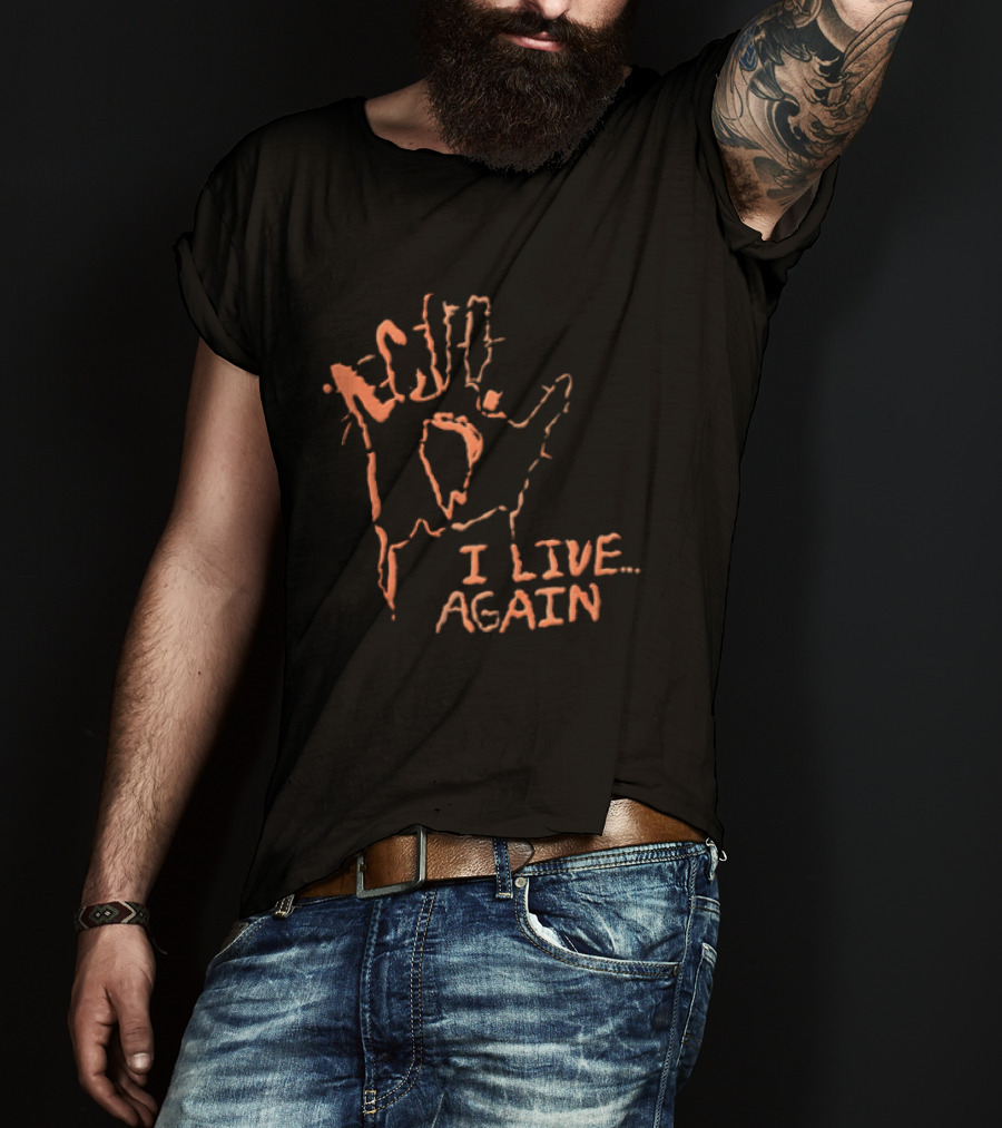 I Live Again Red Spiky Handprint Burning Hole In Palm Distressed Halloween T-Shirt
