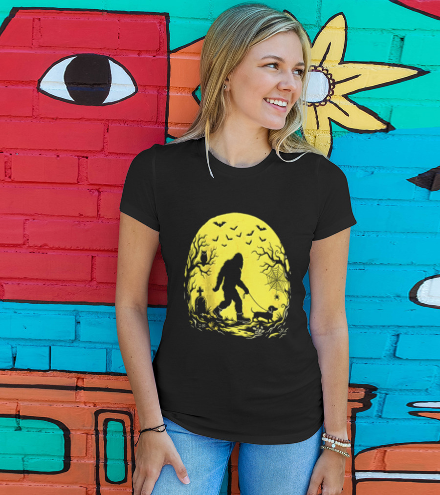 Bigfoot Walking Dachshund Under Full Moon Halloween Night T-Shirt