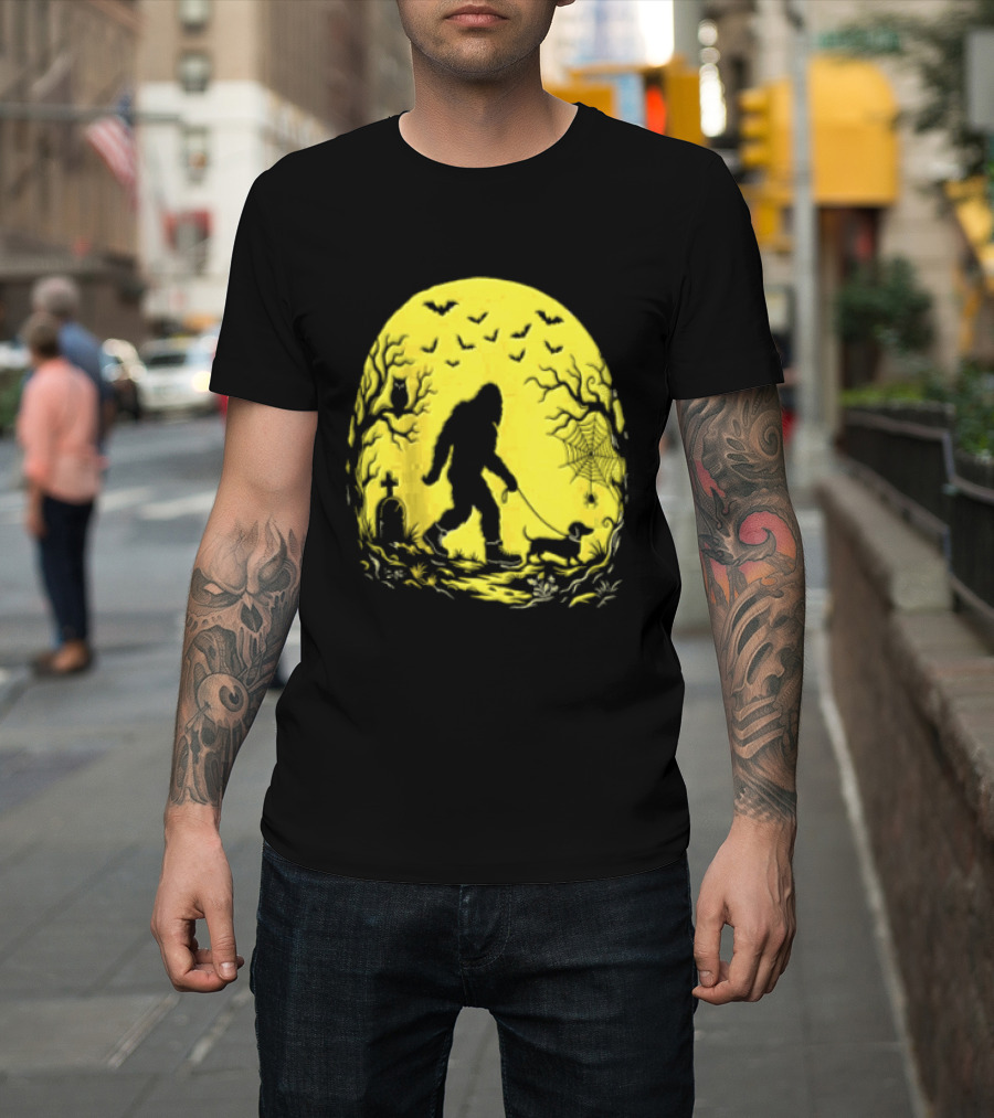 Bigfoot Walking Dachshund Under Full Moon Halloween Night T-Shirt