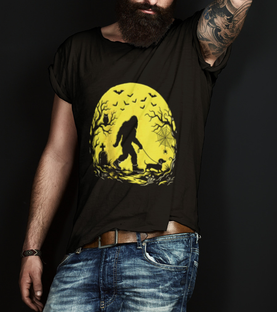 Bigfoot Walking Dachshund Under Full Moon Halloween Night T-Shirt