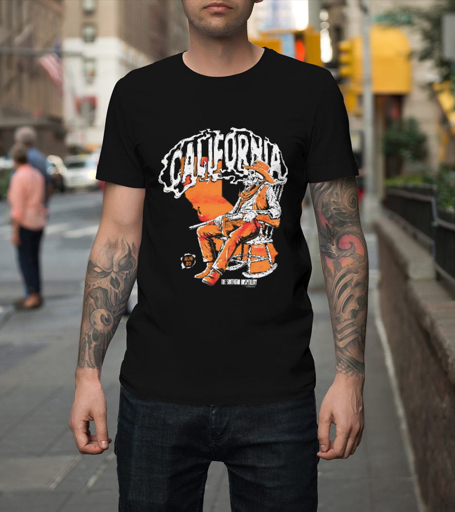 California Skeleton Cowboy Southern Hospitality Tour Aug 20 Rocking Chair Rifle Map T-Shirt