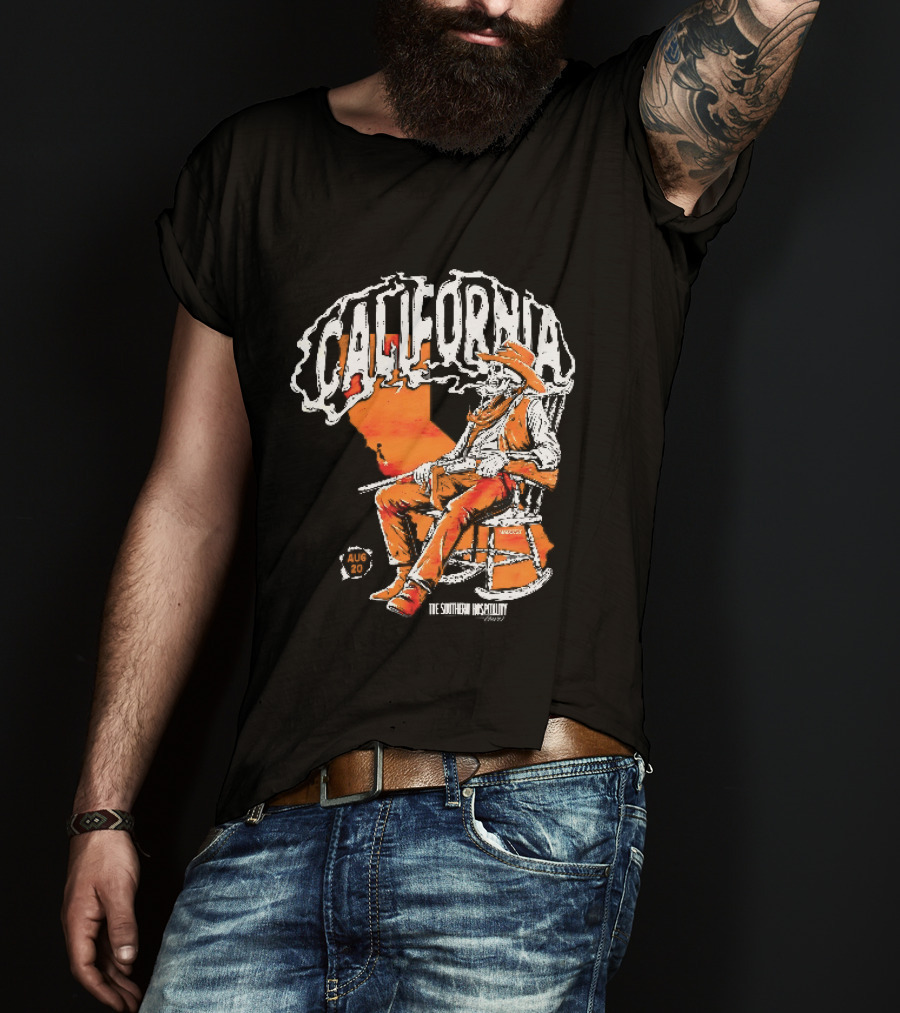 California Skeleton Cowboy Southern Hospitality Tour Aug 20 Rocking Chair Rifle Map T-Shirt
