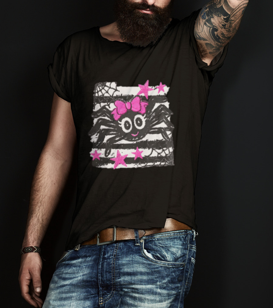 Cartoon Black Spider Big Eyes Pink Bow Stripes Webs Stars T-Shirt