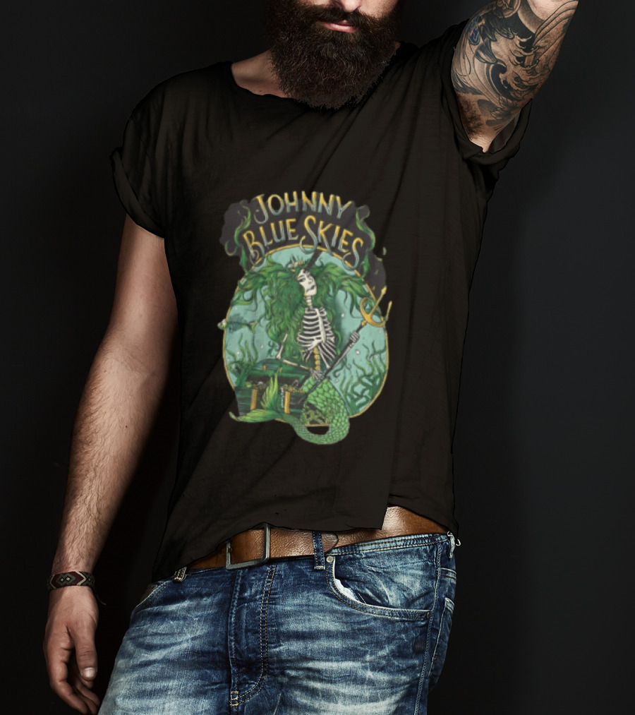 Johnny Blue Skies Skeleton Mermaid Adventure With Trident And Treasure T-Shirt