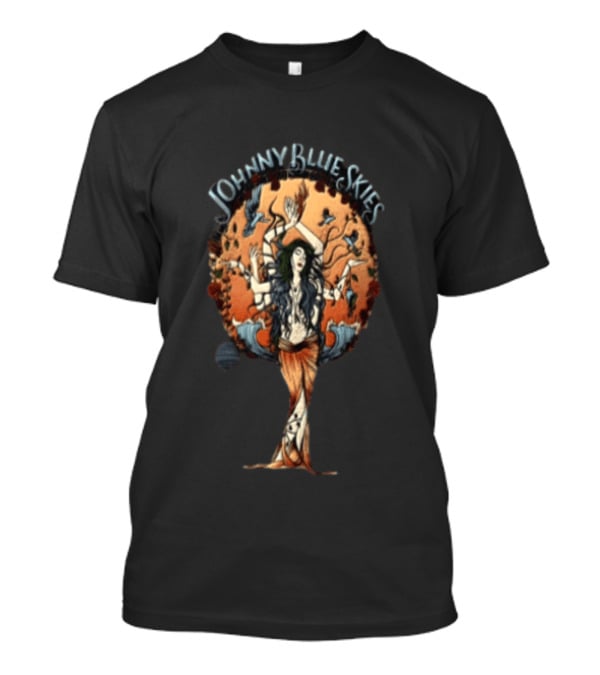 Johnny Blue Skies Ocean Goddess Mythical Woman Surrounded By Birds T-Shirt