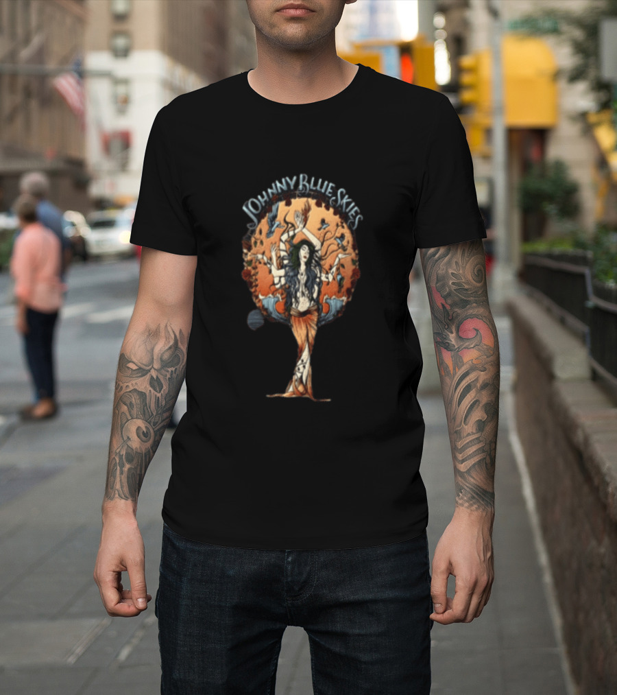 Johnny Blue Skies Ocean Goddess Mythical Woman Surrounded By Birds T-Shirt