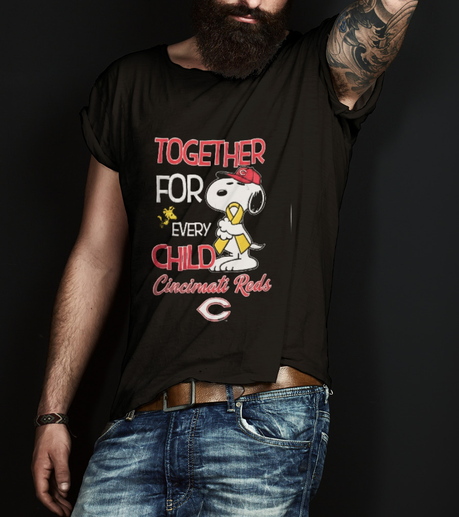 TOGETHER FOR EVERY CHILD Cincinnati Reds Snoopy Woodstock Yellow Ribbon T-Shirt