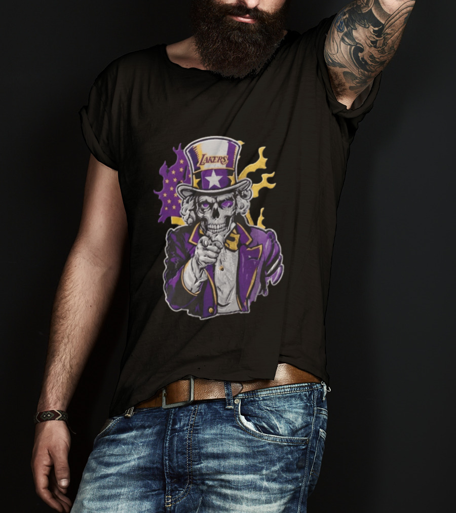 Los Angeles Lakers Skeleton Uncle Sam Purple Flames T-Shirt