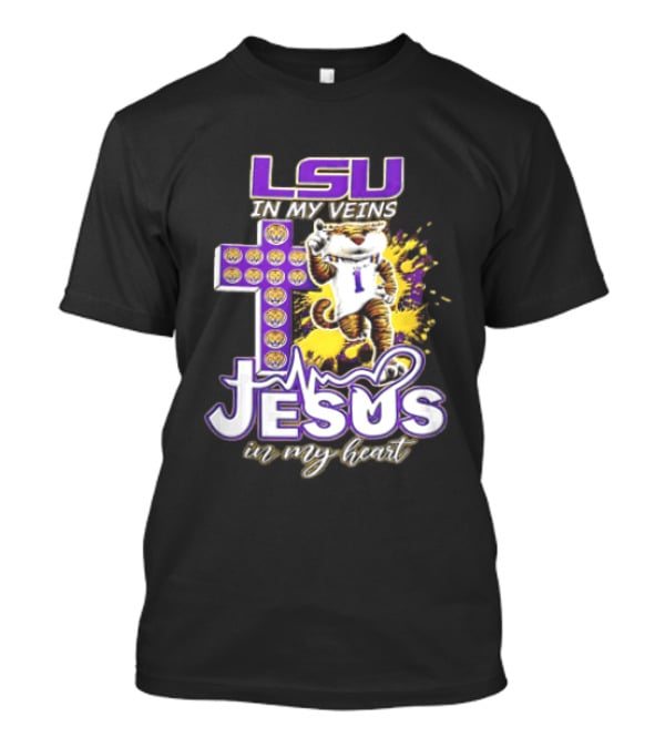 LSU In My Veins Jesus In My Heart Tiger Purple Cross EKG T-Shirt