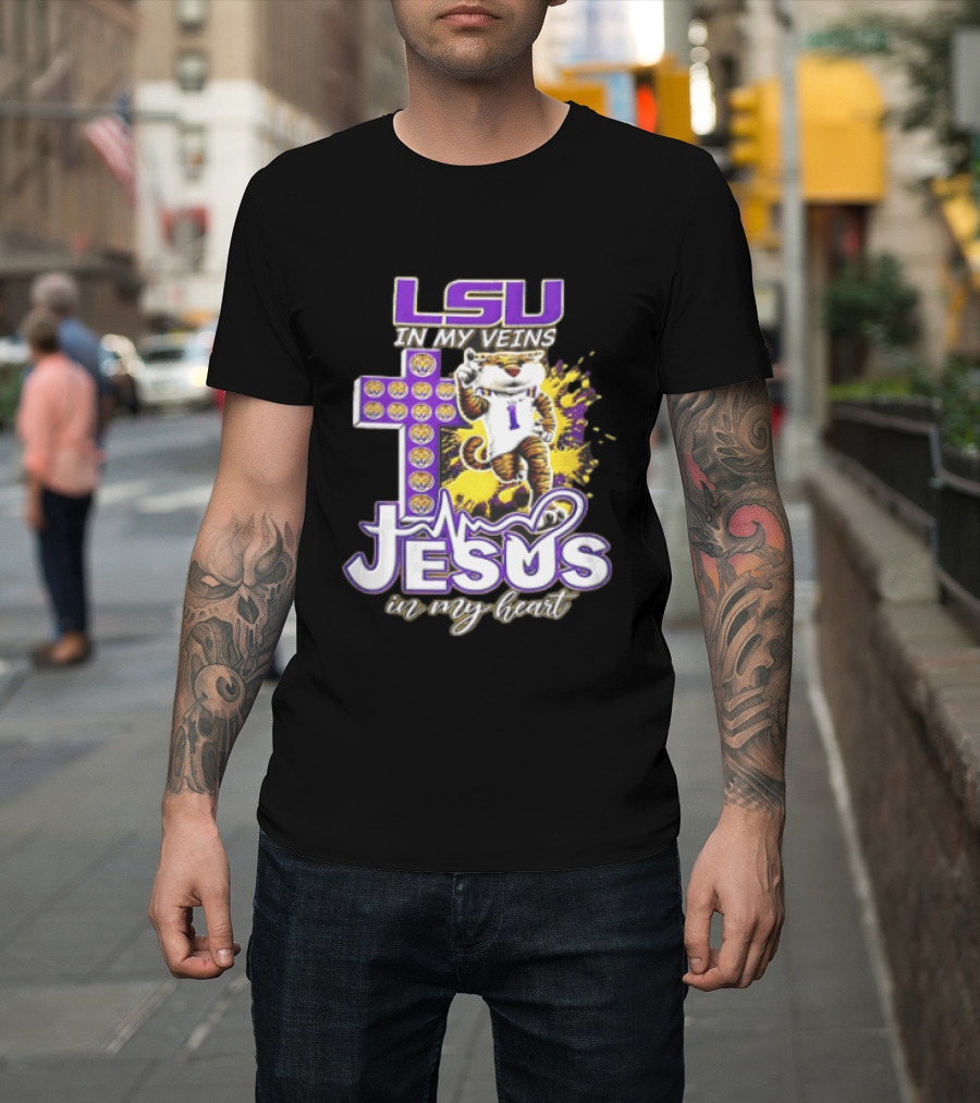 LSU In My Veins Jesus In My Heart Tiger Purple Cross EKG T-Shirt