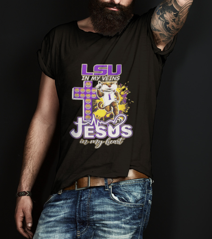 LSU In My Veins Jesus In My Heart Tiger Purple Cross EKG T-Shirt