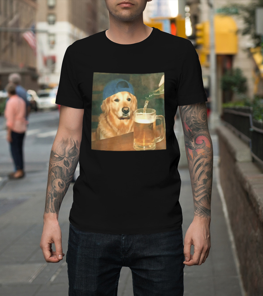 Golden Retriever Backward Cap Beer Pouring Scene T-Shirt