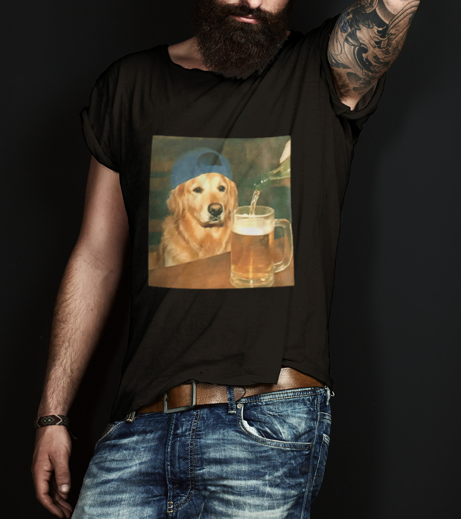 Golden Retriever Backward Cap Beer Pouring Scene T-Shirt