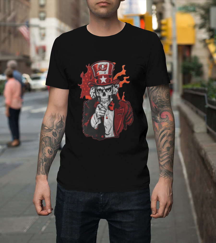Tampa Bay Buccaneers Uncle Sam Skull American Flag Flames T-Shirt
