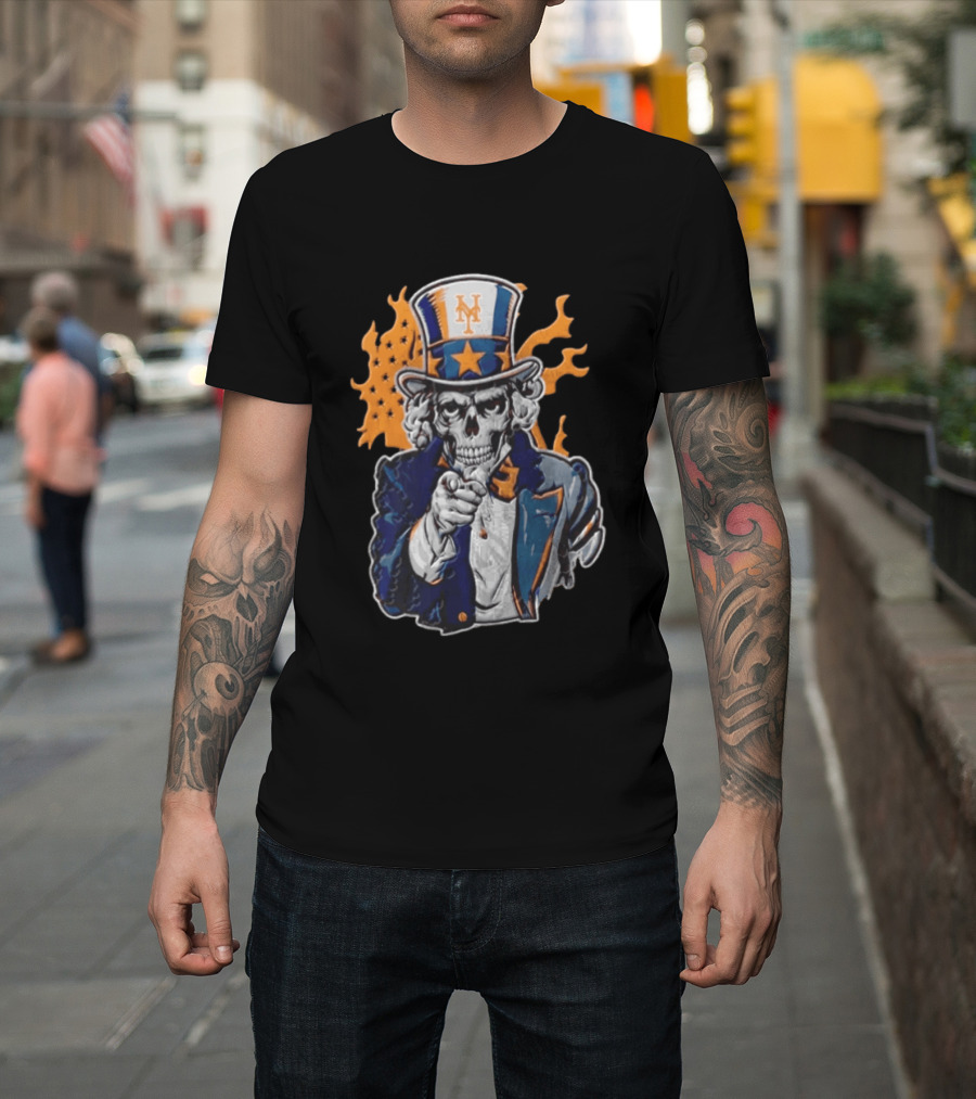 New York Mets Uncle Sam Skeleton Top Hat Stars Flames T-Shirt