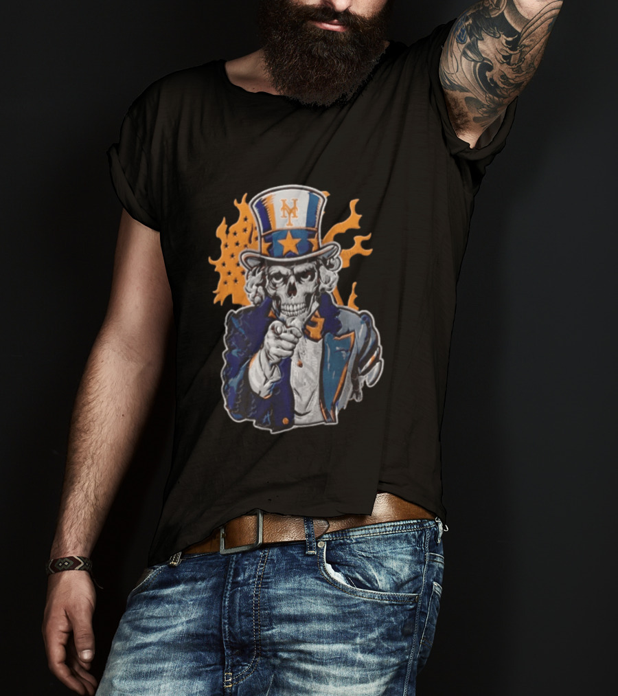 New York Mets Uncle Sam Skeleton Top Hat Stars Flames T-Shirt