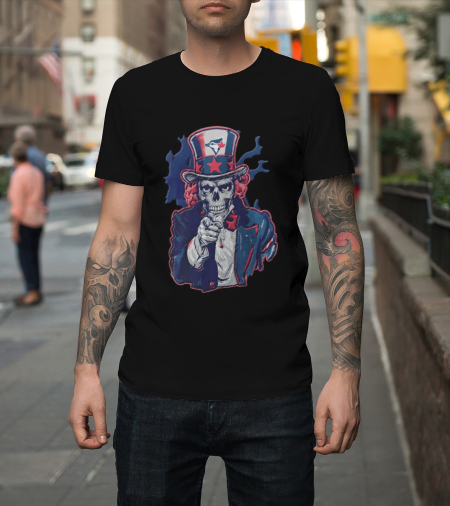 Toronto Blue Jays Skeleton Uncle Sam Pointing American Flag Bird Head Maple Leaf T-Shirt