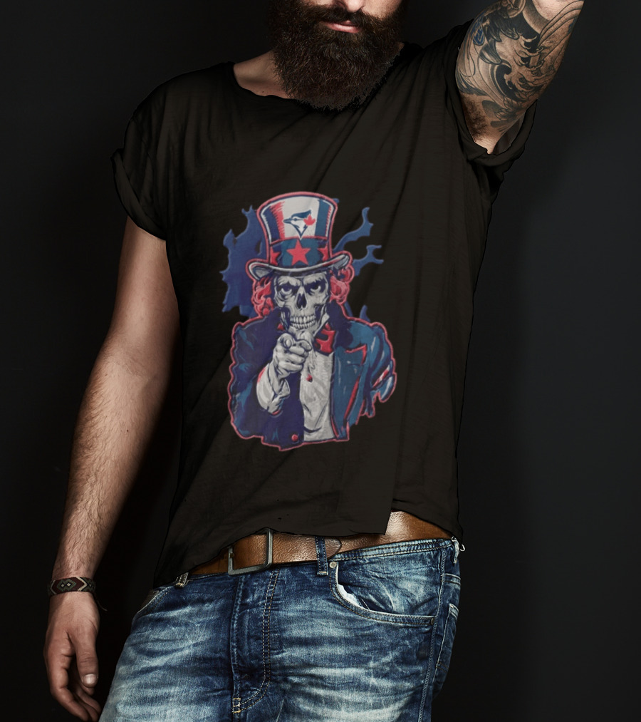 Toronto Blue Jays Skeleton Uncle Sam Pointing American Flag Bird Head Maple Leaf T-Shirt