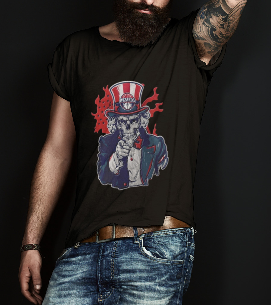 Washington Wizards Skeleton Uncle Sam Pointing Flames American Flag T-Shirt