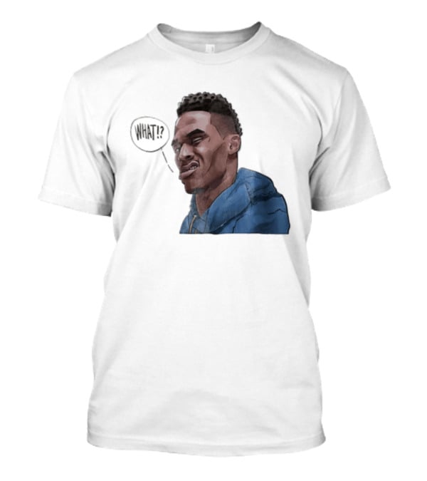 Russell Westbrook Cartoon Caricature Confused Face What Speech Bubble Blue T-Shirt