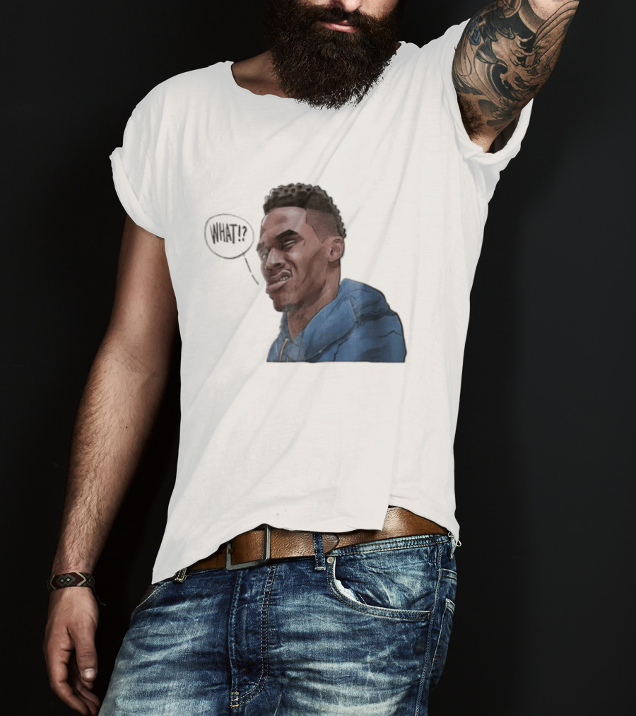 Russell Westbrook Cartoon Caricature Confused Face What Speech Bubble Blue T-Shirt