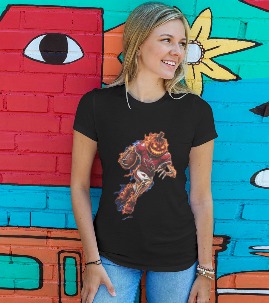 Arizona Cardinals Flaming Pumpkin Head Skeleton Football Player Halloween T-Shirt