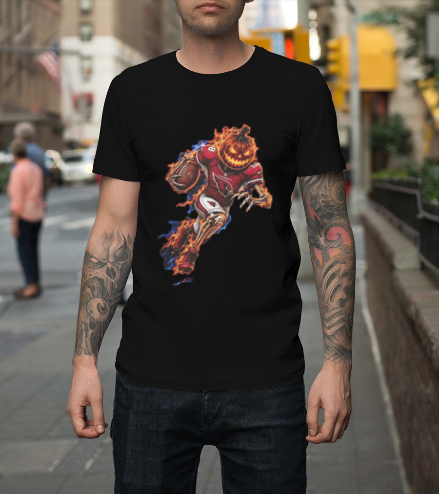 Arizona Cardinals Flaming Pumpkin Head Skeleton Football Player Halloween T-Shirt