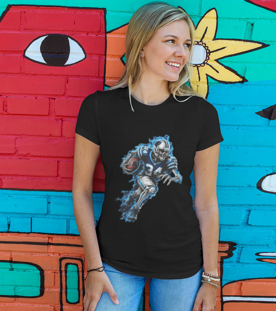 Carolina Panthers Skeleton Running Back 34 Blue Flames Football T-Shirt
