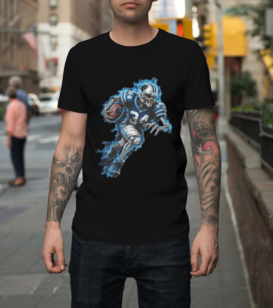 Carolina Panthers Skeleton Running Back 34 Blue Flames Football T-Shirt