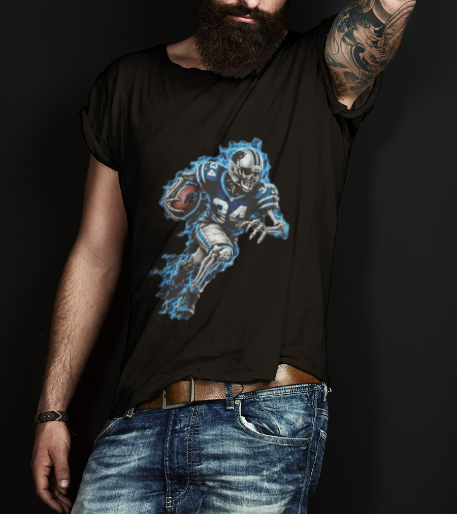 Carolina Panthers Skeleton Running Back 34 Blue Flames Football T-Shirt