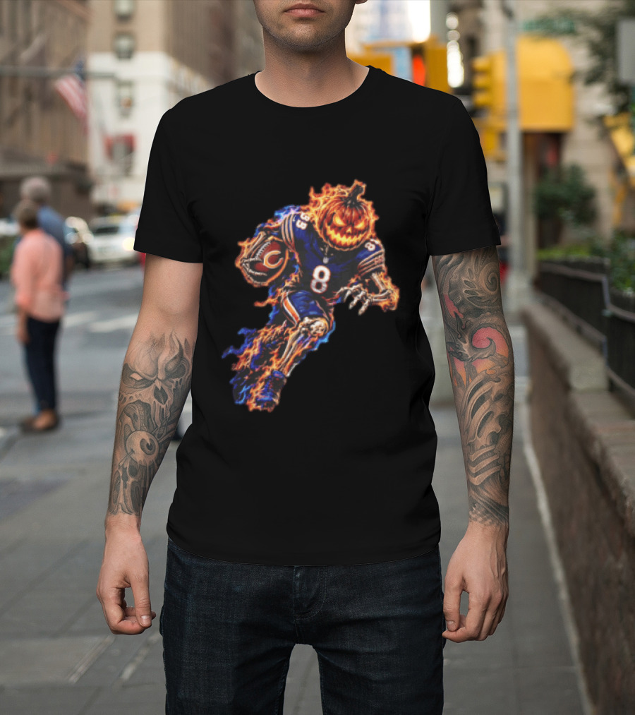 Chicago Bears Flaming Pumpkin Skeleton Football Running Halloween Scary Sports Fan T-Shirt