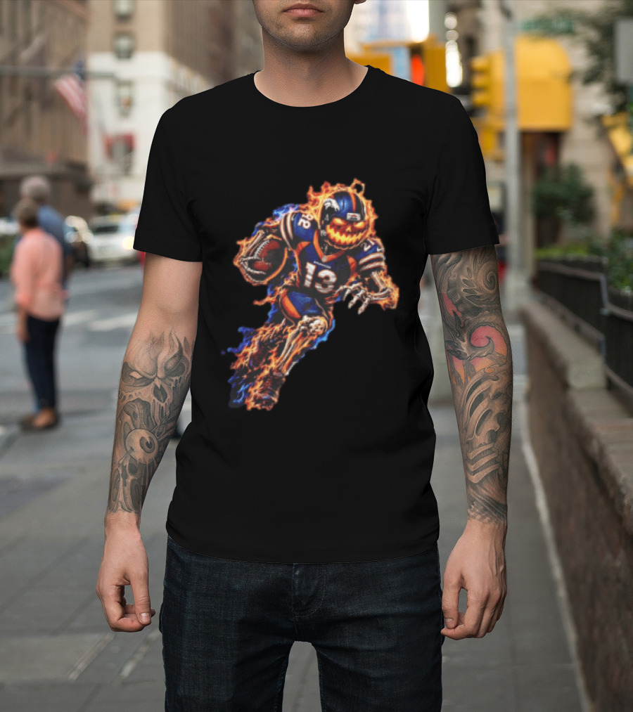 Denver Broncos Fiery Pumpkin Head Skeleton Football Player T-Shirt