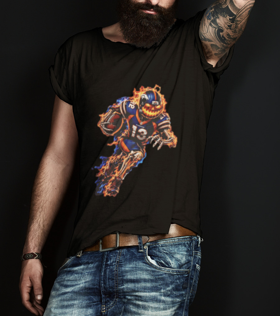 Denver Broncos Fiery Pumpkin Head Skeleton Football Player T-Shirt